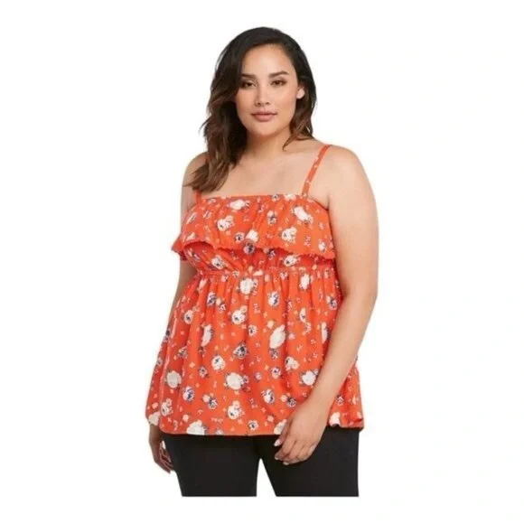 TORRID Red and White Jessica Floral Ruffle Baby Doll Tank Top Size 0 Large 12 - Picture 1 of 8